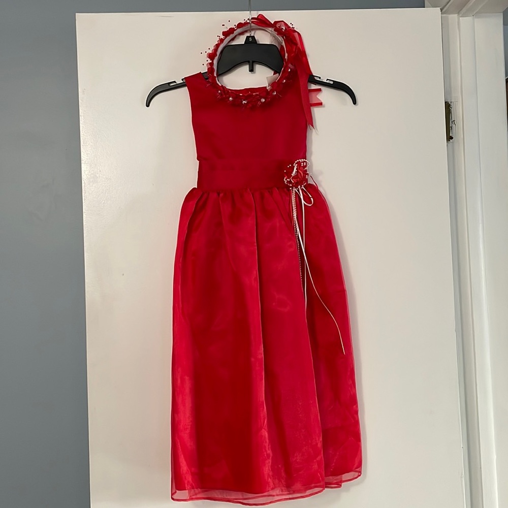 Girls Red Flower Girl Dress - Size 6 with headpiece